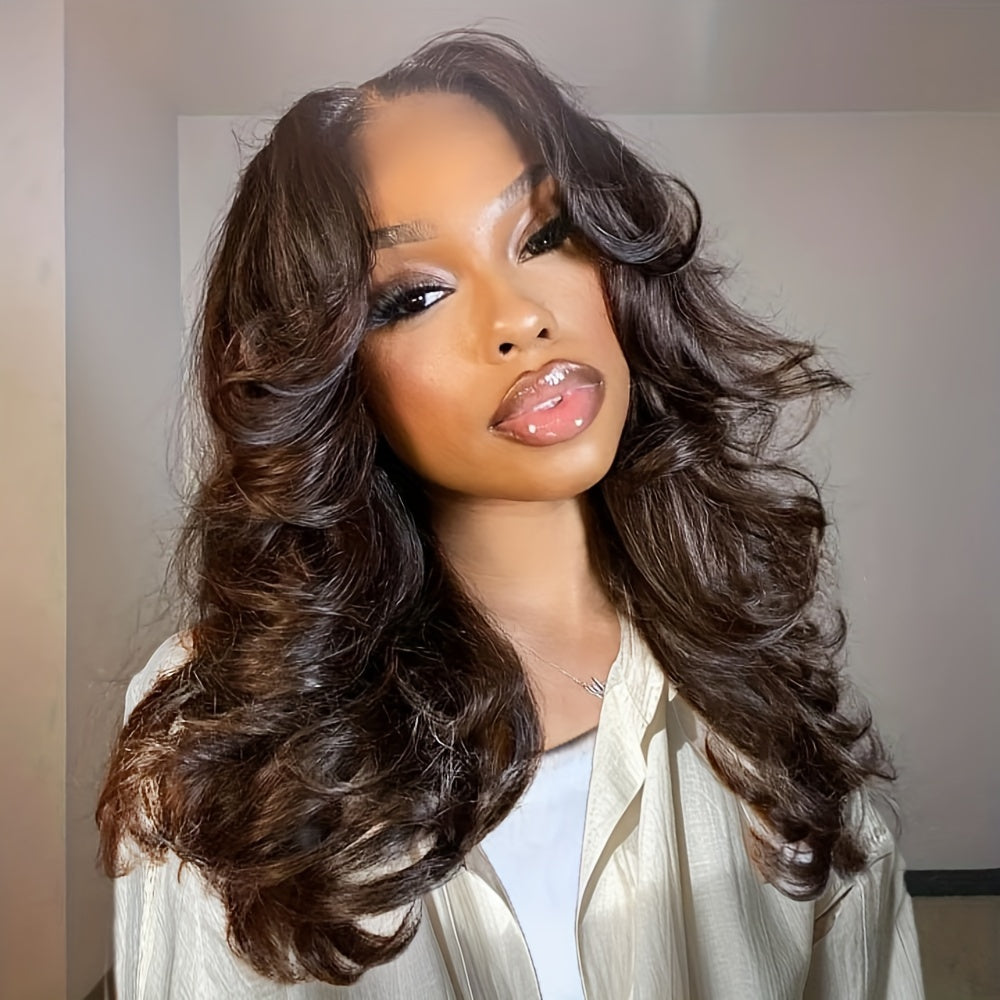 Basics Style Unisex-Adult Body Wave Lace Wig | Pre-Plucked 4x4 Transparent Swiss Lace | 180% Density Brazilian Human Hair | Long Layered Wavy Wig with Curtain Bangs | Suitable for All - 28 Inch