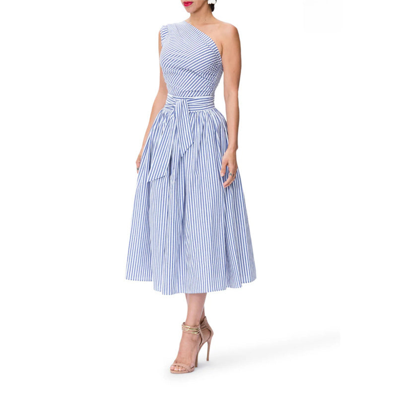 Women's Summer One Shoulder Striped Midi Dress Elegant Tie Waist Bodycon Dresses With Pockets