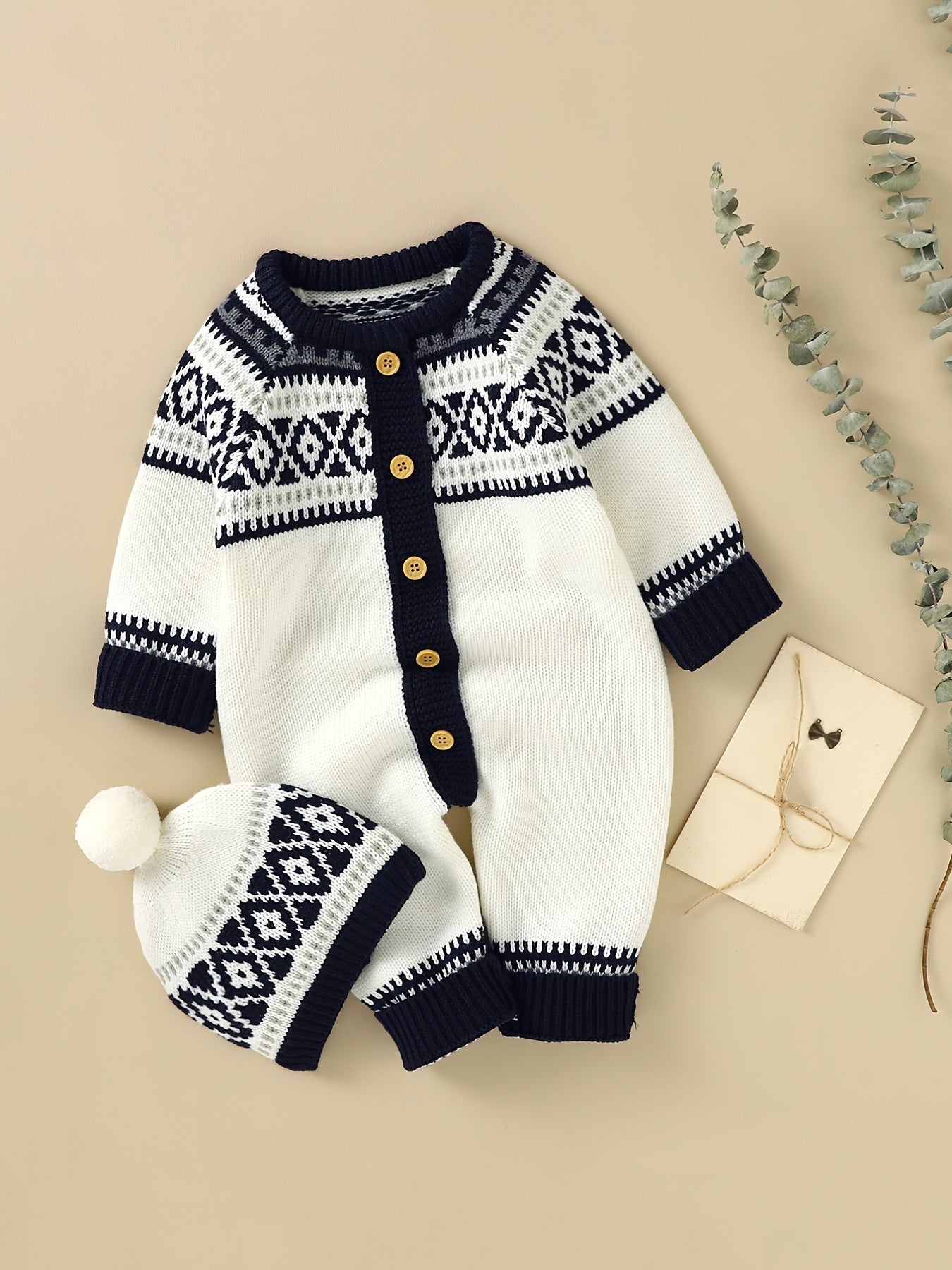Newborn Infant Geometric Pattern Sweater Romper Long Sleeve Button Jumpsuit & Hat For Toddler Baby Boys And Girls, Suitable For Indoor And Outdoor Wear