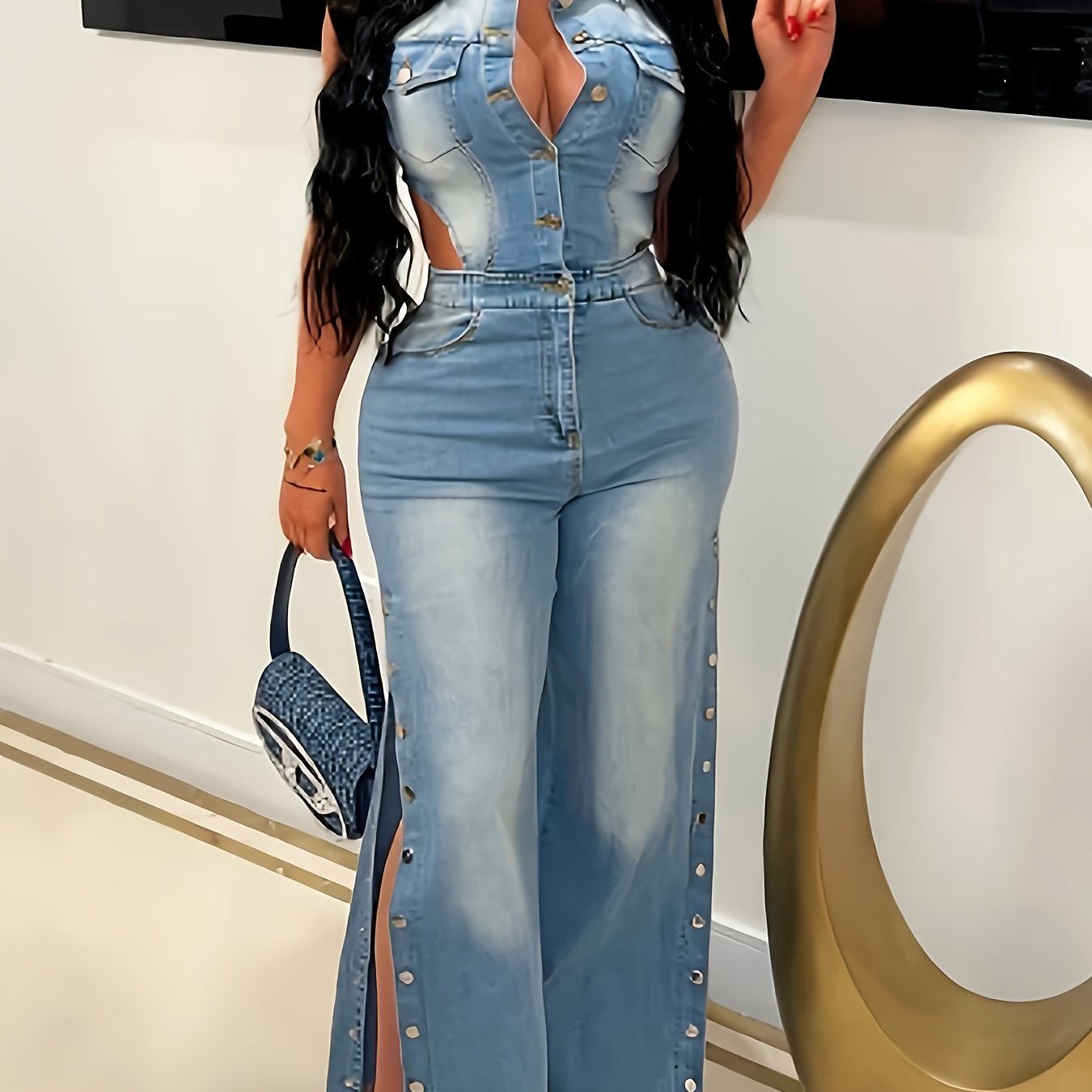 Women'S Spring And Summer Fashion Stand-up Collar Sleeveless Bare Waist Denim Jumpsuit, Women'S Straight Jeans Ladies Tight Overalls