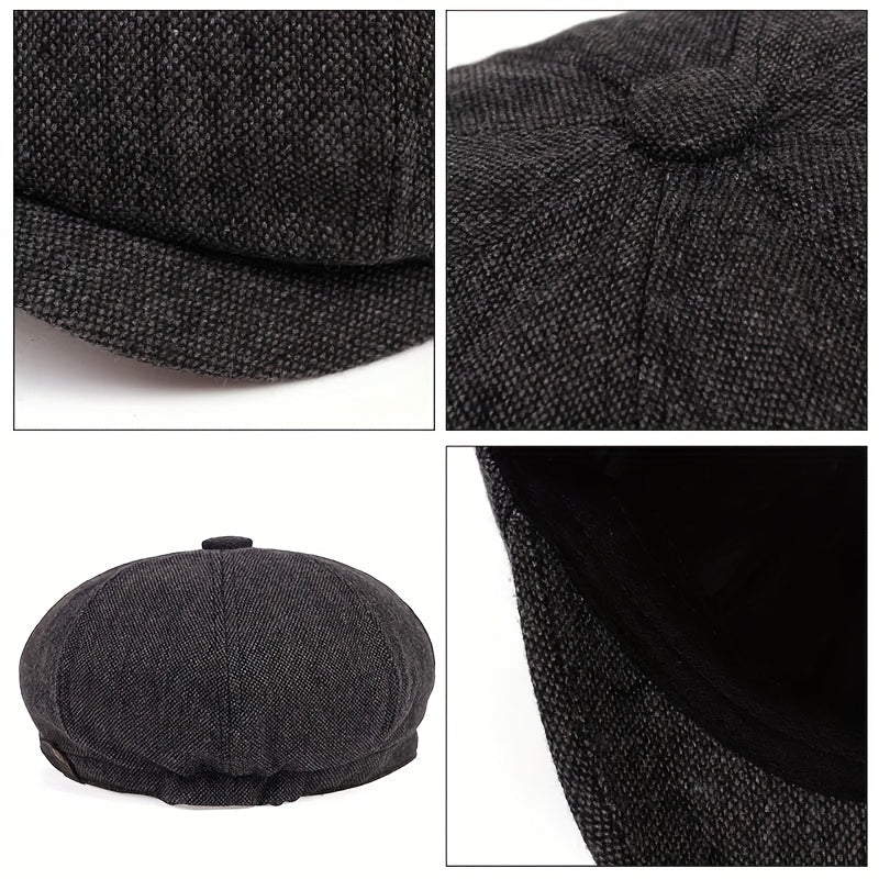 Men&Apos;S Retro Herringbone Flat Cap - Black Casual Beret with Vintage Style, Knitted Polyester, Perfect for Valentine&Apos;S Day, Everyday Headwear | Vintage Flat Cap | Knitted Texture