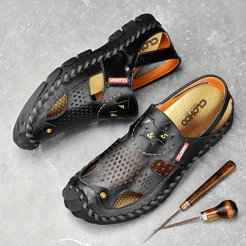 CLOHOO Mens Round Toe Sandals - Durable Handmade Stitching, Non-Slip Rubber Sole, Comfortable PU Insole, Breathable Fabric Lining, Second Layer Cowhide Upper, Slip-On Closure, Perfect for Indoor, Outdoor, Beach, Vacation, Spr