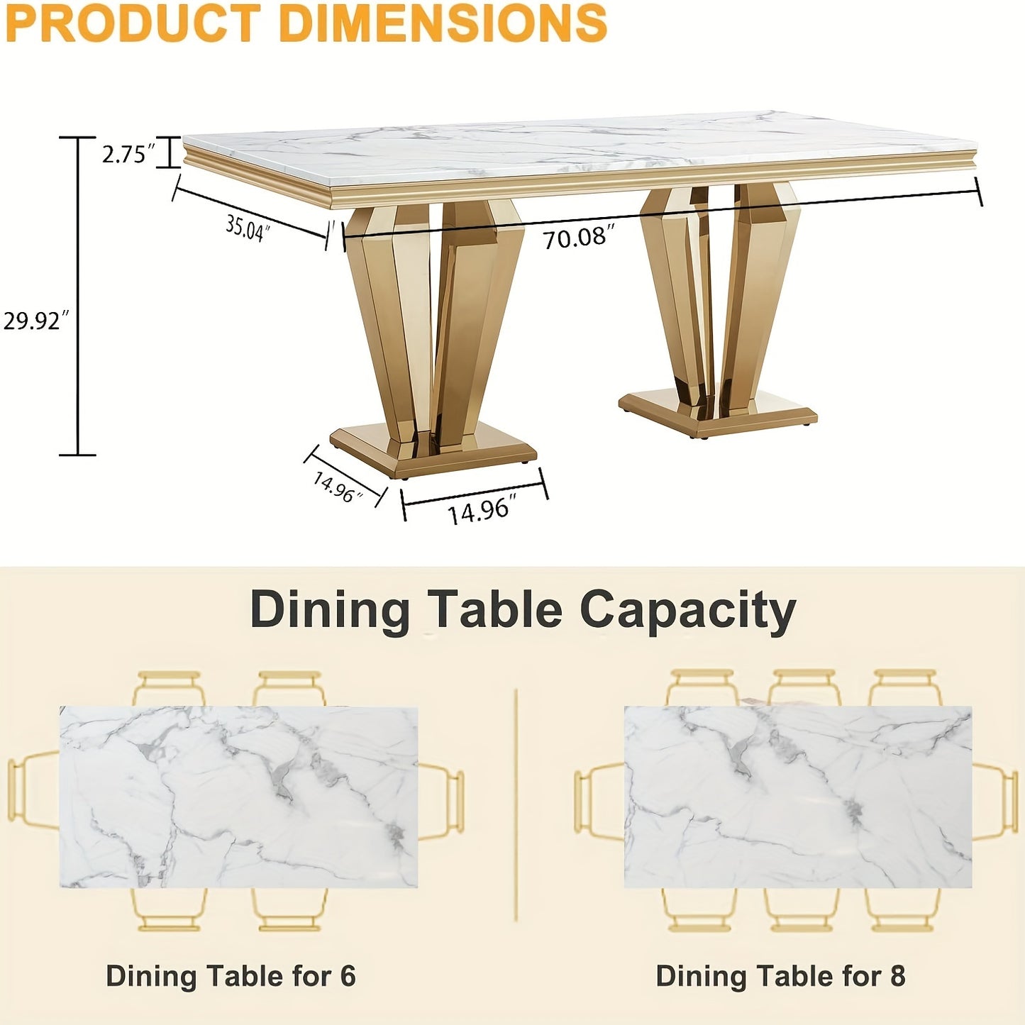 7-piece Table And Chair Set, Mid-century Modern Dining Table Set, Suitable For 6-8 People, Including A 70-inch Faux Marble Dining Table And 6 Leather Dining Chairs. Suitable For Restaurants, Kitchens, Hotel Restaurants.