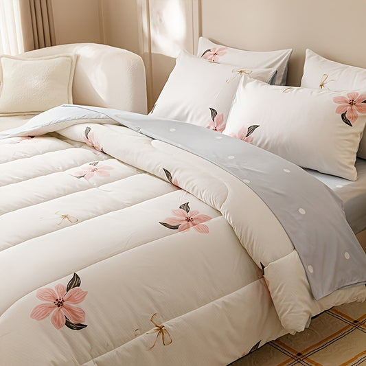 7pcs Fashion Freshness Nature Rural Flowers Quilt Set (1 Quilt +1 Bed Cap +1 Bed Sheet +4 Pillowcase Without Pillow Core), Contains Padding 180gsm Quilting Soft Ventilate Bedroom Dormitory