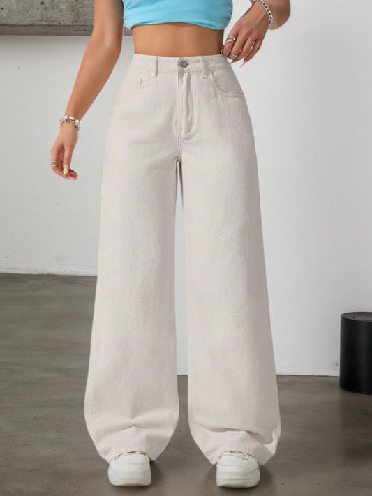 Women's High-Waisted Jeans - Non-Stretch Retro Straight Leg Pants, Button-Fly Closure, Beige Vintage Jeans for Everyday & Formal Outfits - All-Season Women's Jeans, Ladies Jeans, Relaxed Fit Jeans, Highwaisted Design, Durable