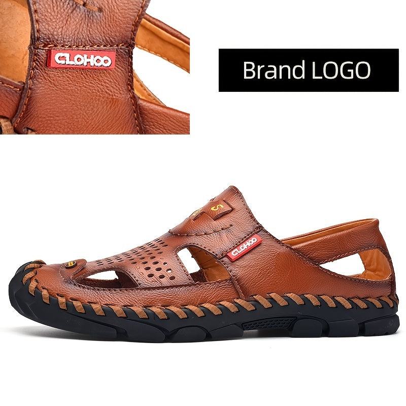 CLOHOO Mens Round Toe Sandals - Durable Handmade Stitching, Non-Slip Rubber Sole, Comfortable PU Insole, Breathable Fabric Lining, Second Layer Cowhide Upper, Slip-On Closure, Perfect for Indoor, Outdoor, Beach, Vacation, Spr