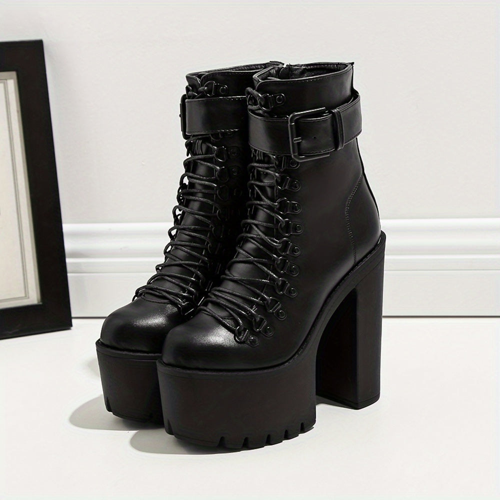 Women's Platform Chunky High Heel Ankle Boots, Black Buckle Strap Lace Up Side Zipper Motorcycle Boots, Punk Style Shoes