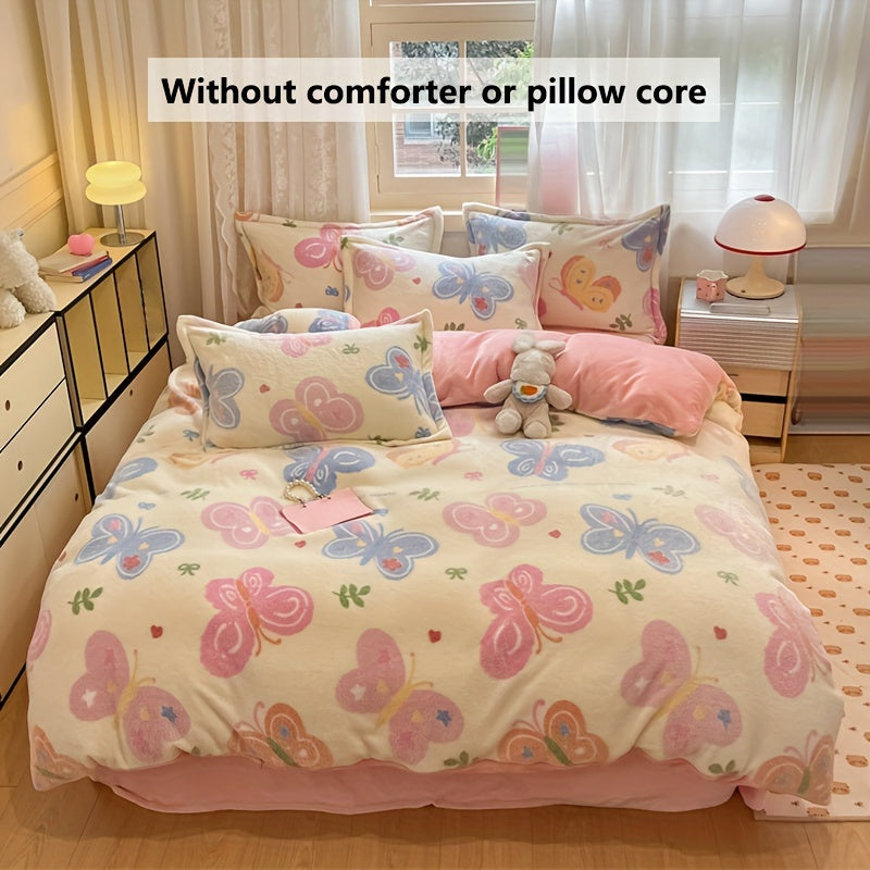 3pcs autumn and winter thickened double-sided warm velvet love, butterfly, bow, gravure pattern snowflake velvet kit, (1 quilt cover, 2 pillowcases, no bed sheet, quilt and pillow), bedding, very suitable for bedroom and dorm