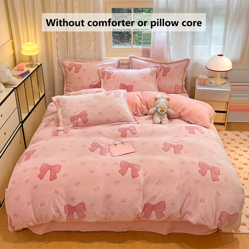3pcs autumn and winter thickened double-sided warm velvet love, butterfly, bow, gravure pattern snowflake velvet kit, (1 quilt cover, 2 pillowcases, no bed sheet, quilt and pillow), bedding, very suitable for bedroom and dorm
