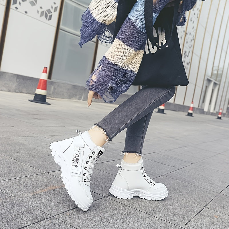 Women'S K2001 High-Top Winter Boots - Stylish White Lace-Up with Faux Fur Lining, Waterproof PVC Sole, Casual All-Season Footwear, Casual Winter Boots|Faux Fur Lined Boots|Laceup Boots
