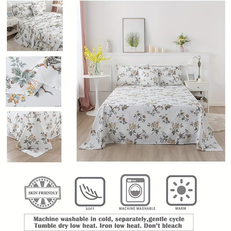 4Pcs Sheets Set Elegant Floral Bedding Shabby Beige Bird Print Flower Bed Sheet Set Vintage Farmhouse Bedding 100% Cotton Ultra Soft Girls Bedding with Deep Pocket Fitted Sheet