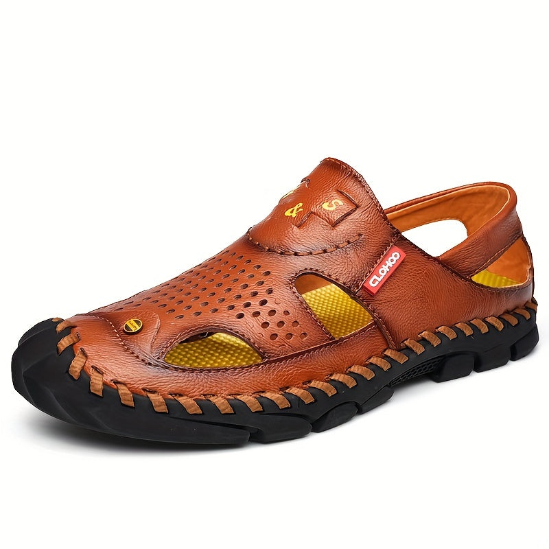 CLOHOO Mens Round Toe Sandals - Durable Handmade Stitching, Non-Slip Rubber Sole, Comfortable PU Insole, Breathable Fabric Lining, Second Layer Cowhide Upper, Slip-On Closure, Perfect for Indoor, Outdoor, Beach, Vacation, Spr