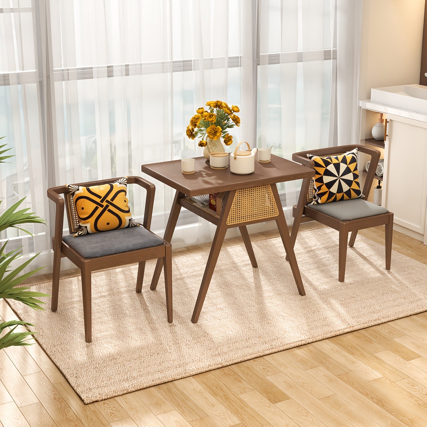 KASLANDI Furniture For Home Small Dining Table Set For 2, Wood Small Kitchen Table For 2 Square, 3pcs Dining Table Set For Dining Room, Living Room, Apartment, Indoor, Walnut, Modern Minimalist Furniture Table And Chair Set