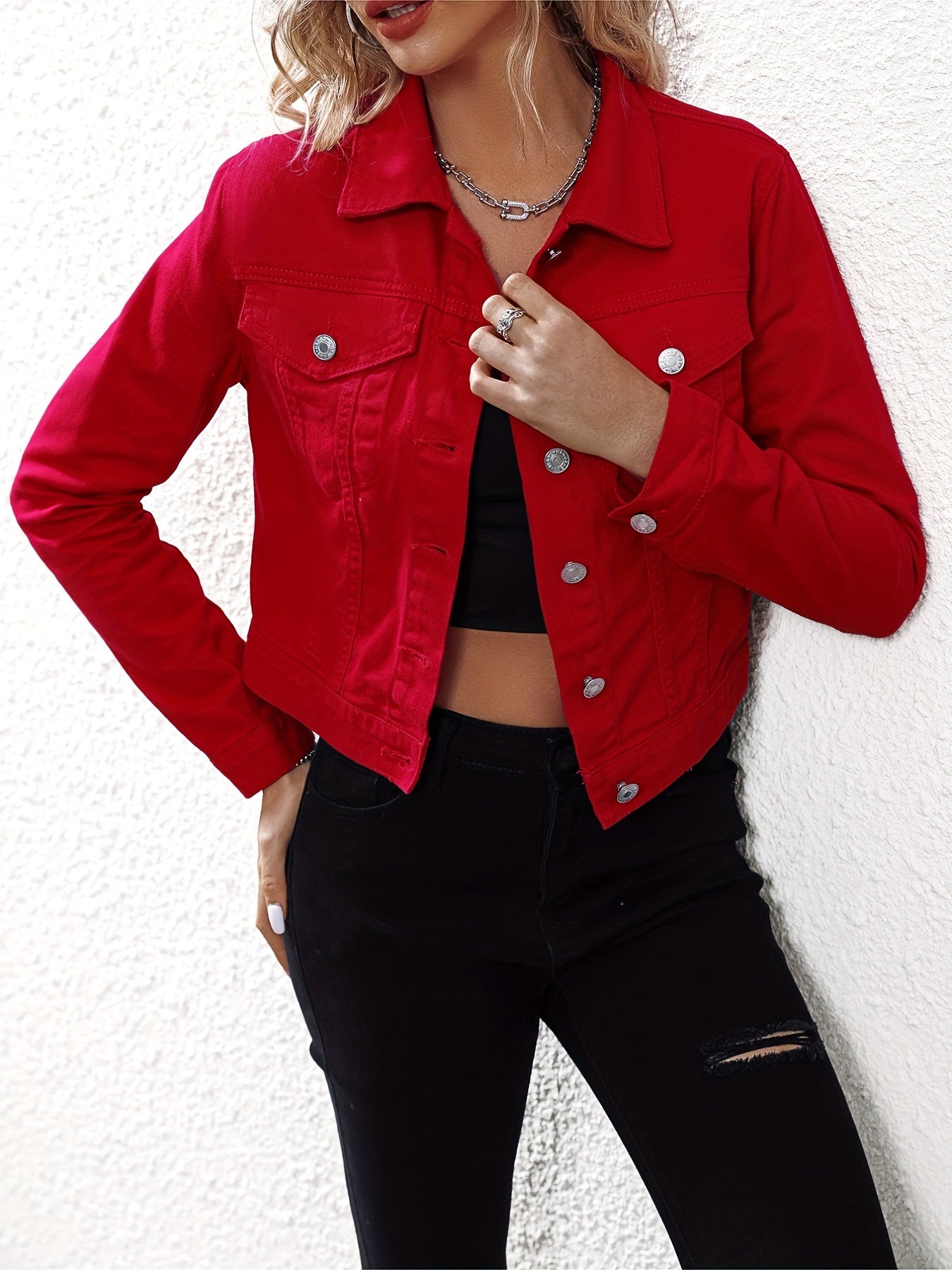 Womens Classic Red Denim Jacket - Slim Fit, Single-Breasted Button Lapel - Versatile & Fashionable Coat for Everyday Style