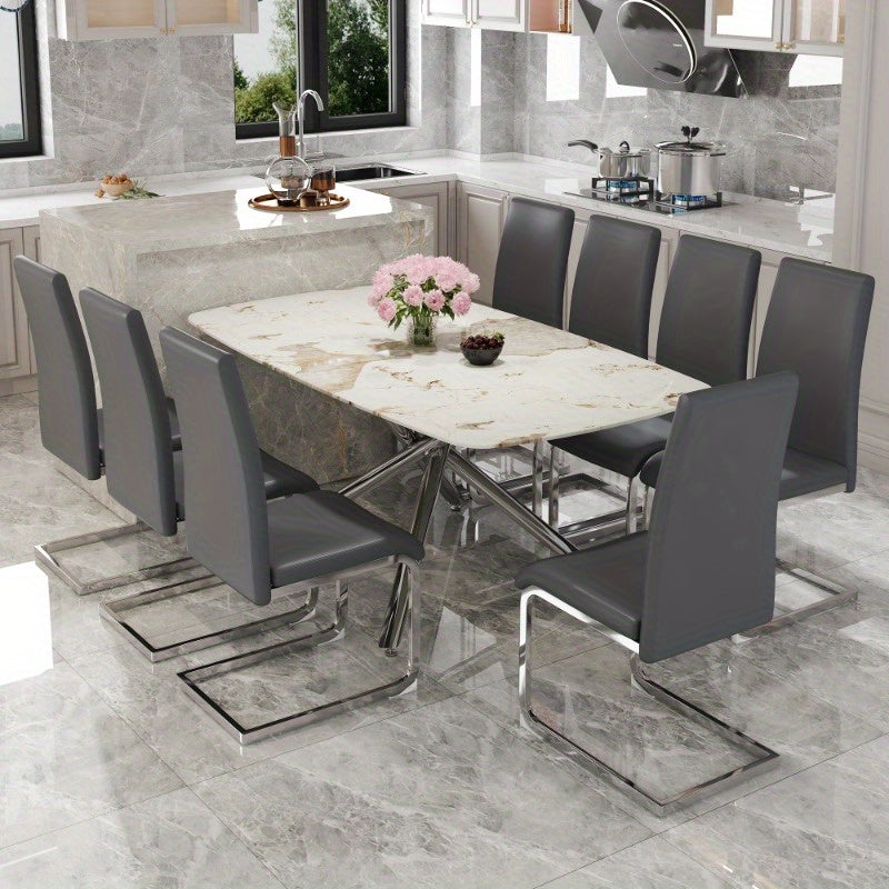 Table and chair set, large modern minimalist rectangular dining table, 0.39 "imitation marble tabletop and silver metal legs, soft leather seats. F-1537