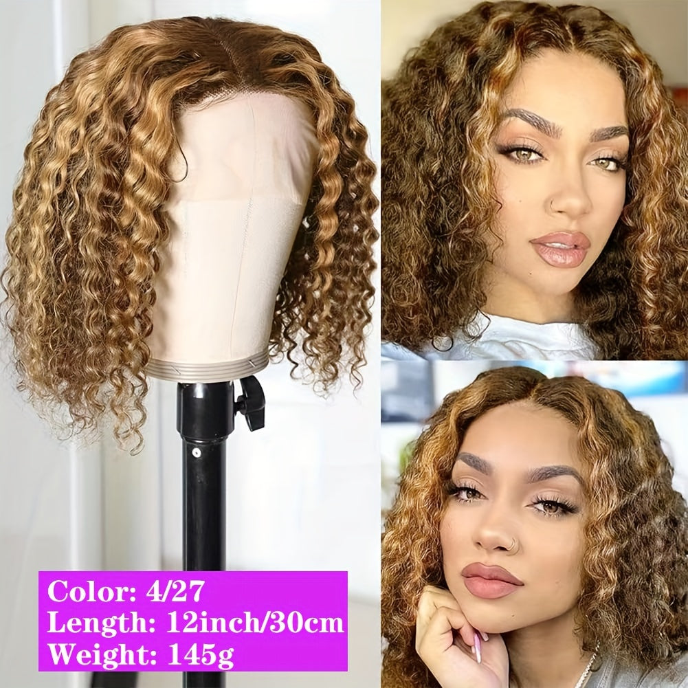 13x4 Brazilian Remy Human Hair Curly Bob Wig - Glamorous Blonde & Brown Highlights, Luscious Deep Waves, Secure Lace Front, For Everyday Elegance - 10-16inch Length, 150% Density