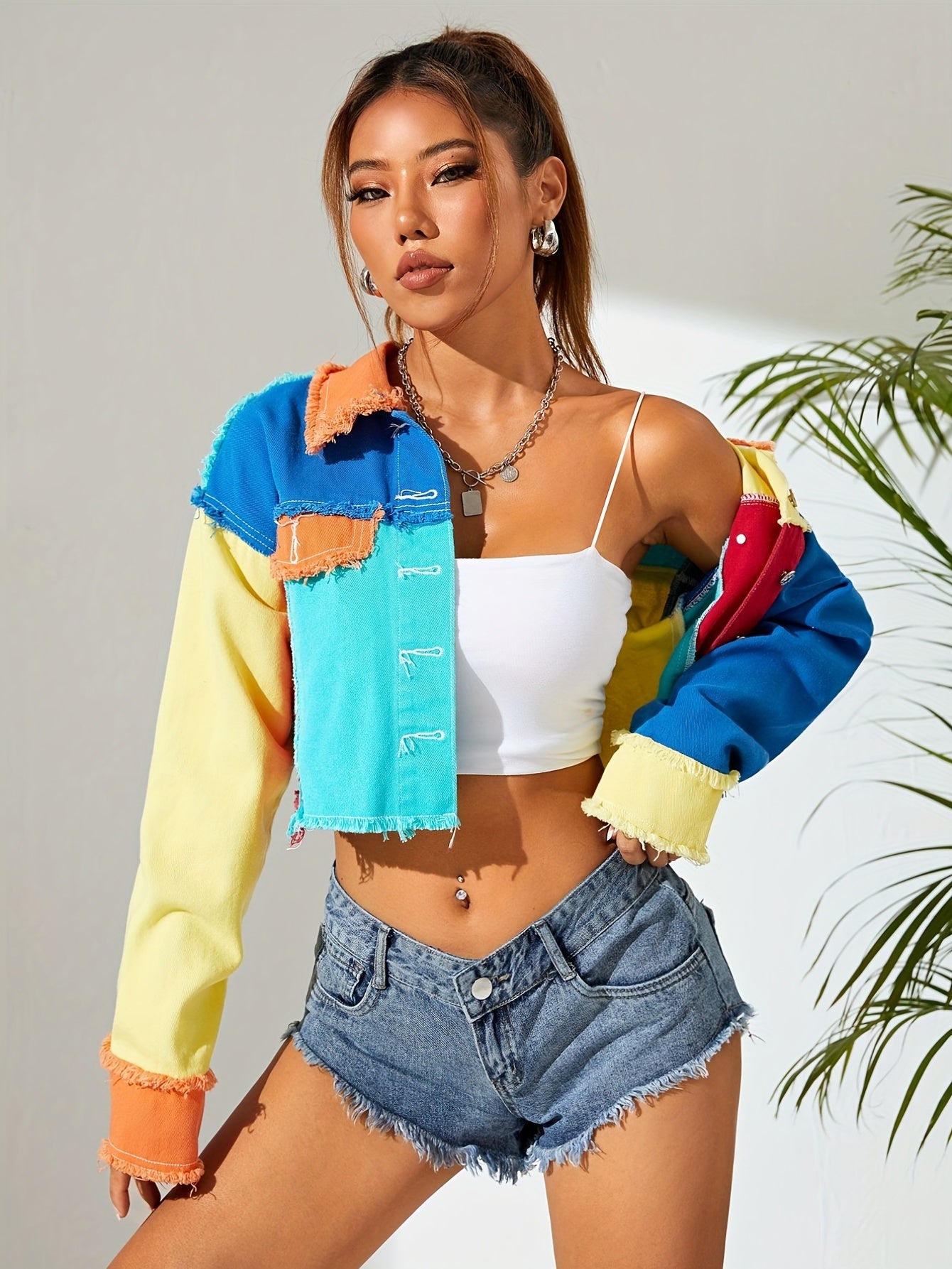Women's Colorblock Raw Hem Denim Jacket - Street Style Lapel Coat with Long Sleeves and Patchwork Design