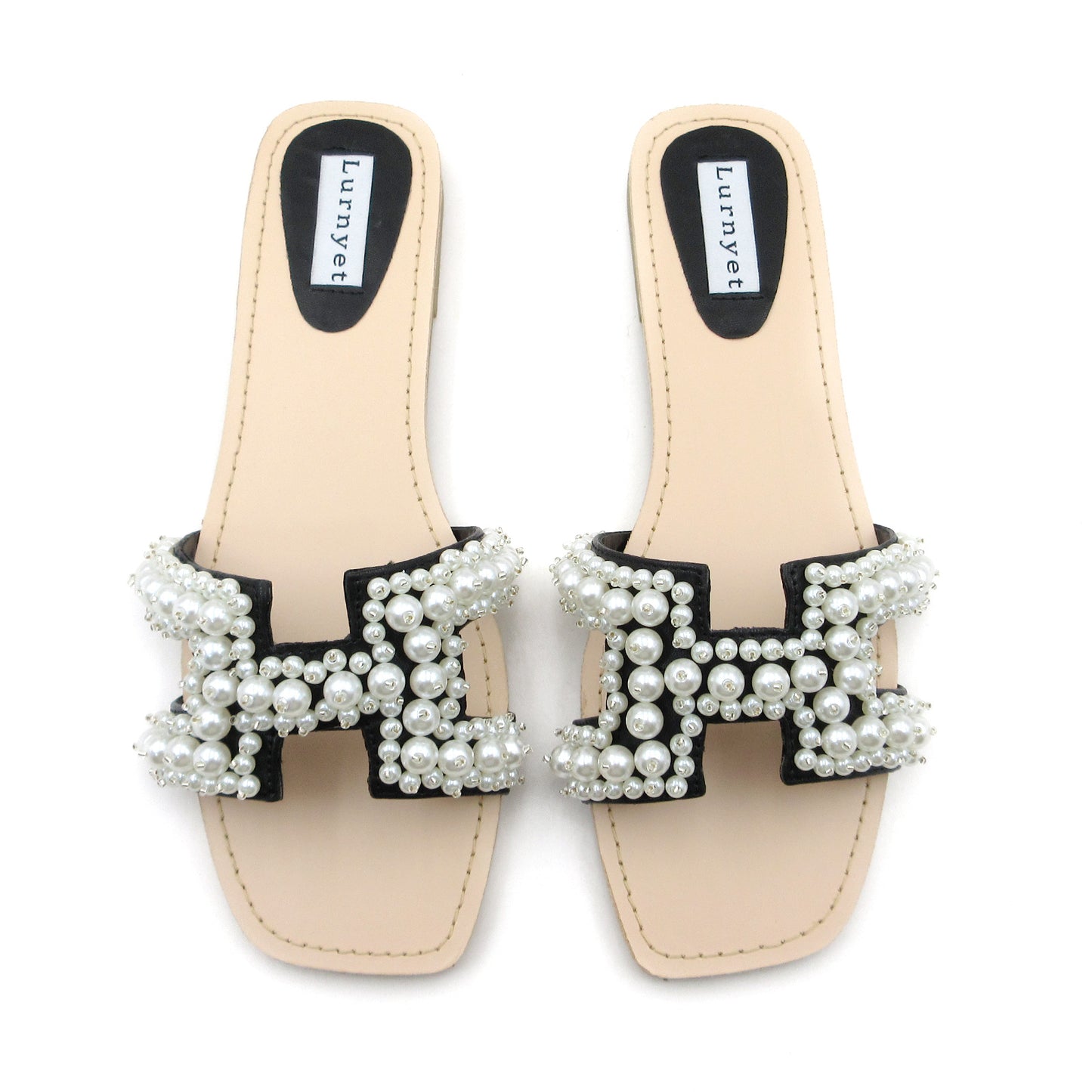 Lurnyet Women's Pearl Embellished Band Flat Sandal for Outdoor Casual