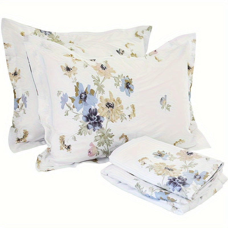 4-Piece White Floral Shabby Chic Bed Sheet Set - 100% Soft Cotton, Breathable, Hypoallergenic, and Gentle on Skin - Luxurious Bedding for a Comfortable Sleeping Experience