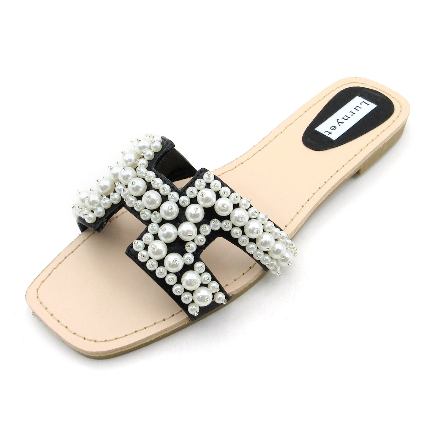 Lurnyet Women's Pearl Embellished Band Flat Sandal for Outdoor Casual