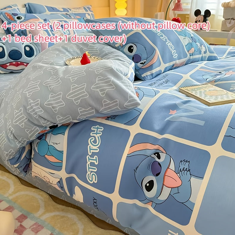 Back to School Stitch-Theme 4pcs Bedding Set (No Pillow Core And Quilt Core)- Available for All Seasons, Kawaii Comfortable Pillowcases, Duvet Cover, Bed Sheet, Dorm & Travel Supplies, Christmas Birthday Halloween New Year Mo