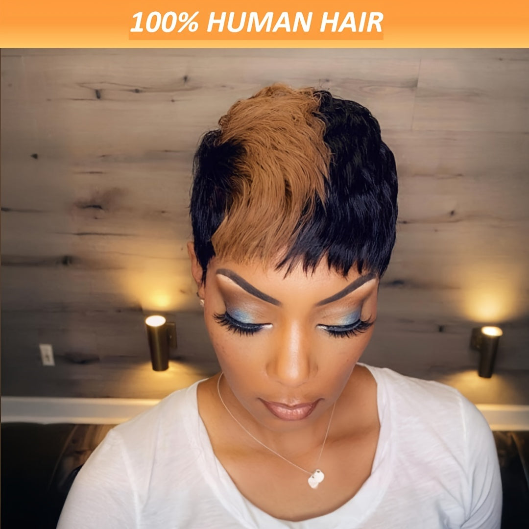 Elegant Pixie Cut Wig for Women – 6-inch Straight Hair, 150% Density, Brazilian Virgin Human Hair, Rose Net Cap, Short Non-Lace Front Machine Made Wig with Layered Haircut, Glueless Full Cap for African Women