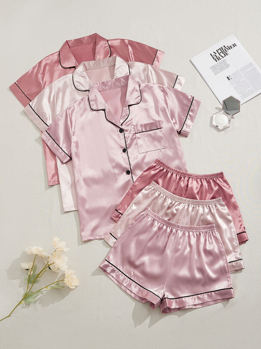 3 Sets of Luxurious Satin Pajama Sets - Soft Short Sleeve Lapel Tops, Elastic Waistband Shorts for Comfortable Women's Sleepwear and Loungewear - Perfect for Relaxation and Leisure Activities