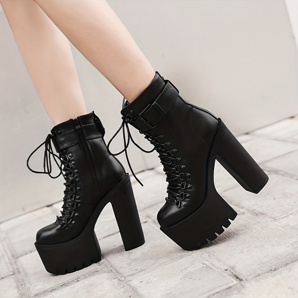 Women's Platform Chunky High Heel Ankle Boots, Black Buckle Strap Lace Up Side Zipper Motorcycle Boots, Punk Style Shoes