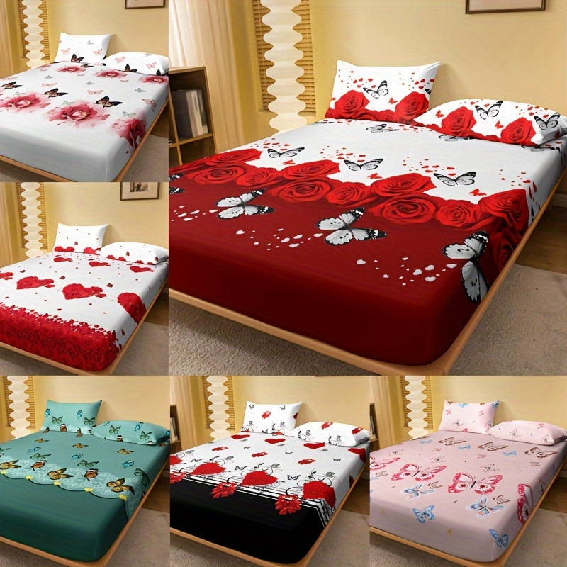 1pc Brushed Fitted Sheet (Without Pillowcase), Soft Comfortable Butterfly Red Rose Print Bedding Mattress Protector, For Bedroom, Guest Room, With Deep Pocket, Fitted Bed Sheet Only