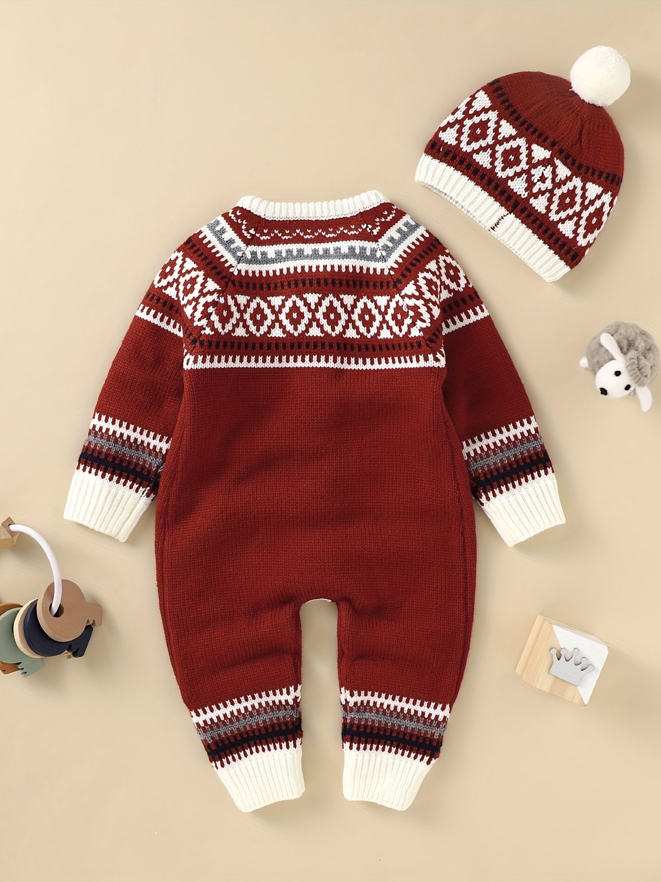 Newborn Infant Geometric Pattern Sweater Romper Long Sleeve Button Jumpsuit & Hat For Toddler Baby Boys And Girls, Suitable For Indoor And Outdoor Wear