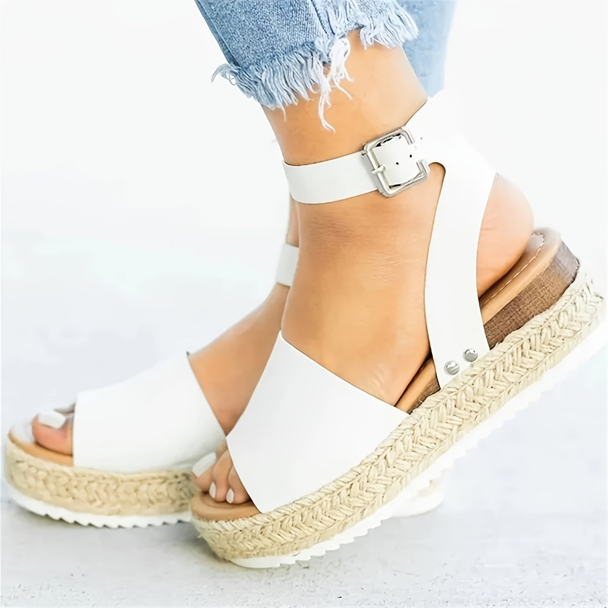 Mid Heel Platform Espadrille Sandals - Buckle Ankle Strap, Open Toe, Lightweight, Non Slip, Faux Leather Upper, PU Sole, Comfortable, Casual, Solid Color, Summer Shoes for Women