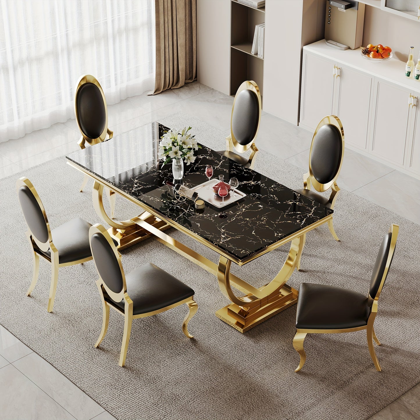 7-piece Luxury Dining Table And Chair Set, 70-inch Faux Marble Table With 6 Leather Chairs | Modern Dining Table Set For Kitchen, Restaurant And Hotel