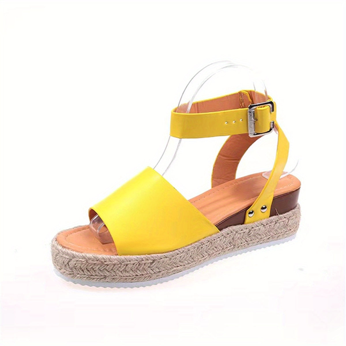 Mid Heel Platform Espadrille Sandals - Buckle Ankle Strap, Open Toe, Lightweight, Non Slip, Faux Leather Upper, PU Sole, Comfortable, Casual, Solid Color, Summer Shoes for Women