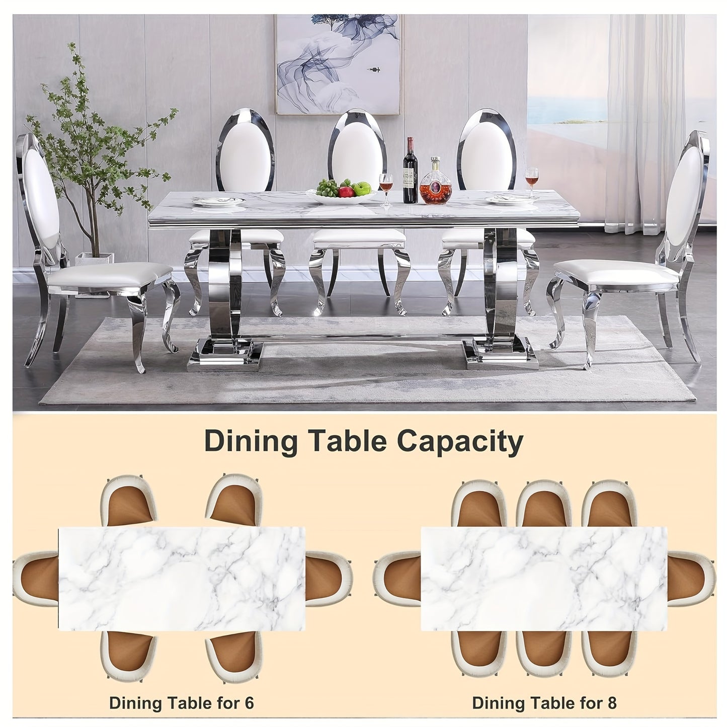 7-piece Luxury Dining Table And Chair Set, 70-inch Faux Marble Table With 6 Leather Chairs | Modern Dining Table Set For Kitchen, Restaurant And Hotel