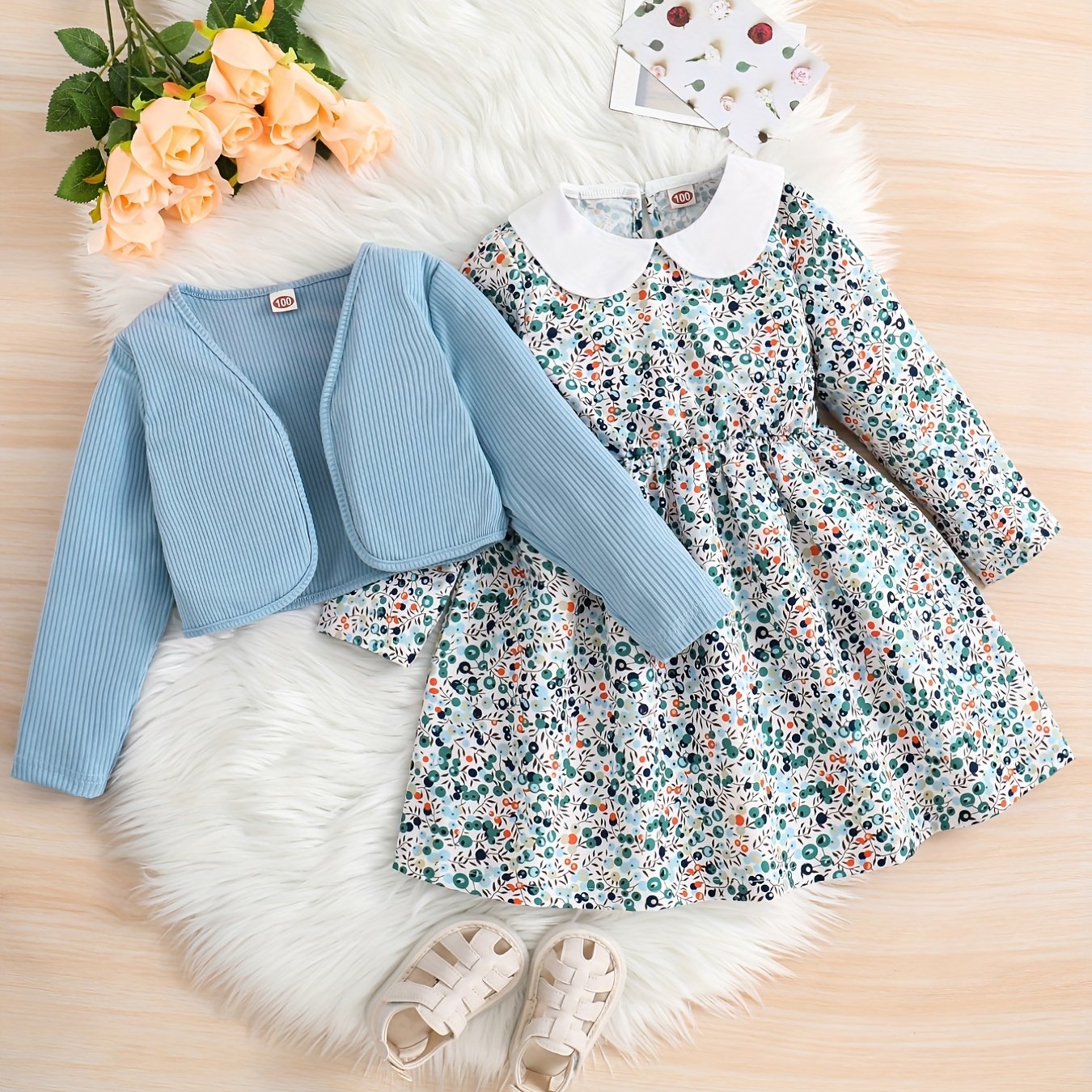 Girls 2pcs Long Sleeve Dress & Ribbed Cardigan Coat Set Floral Print Elegant Jacket Top Casual Kids Clothes Spring Fall