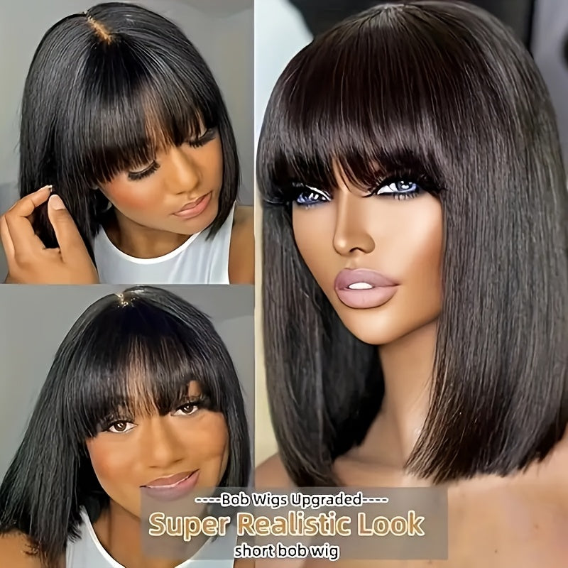 Women's Glueless Bob Wig with Bangs - Natural Black Human Hair, 150% Density (2x1 Ratio), Brazilian Hair, No Glue Needed, Adjustable Bangs & Pre-Plucked Front with Baby Hair, Everyday & Special Occasion Hairstyle - Suitable f
