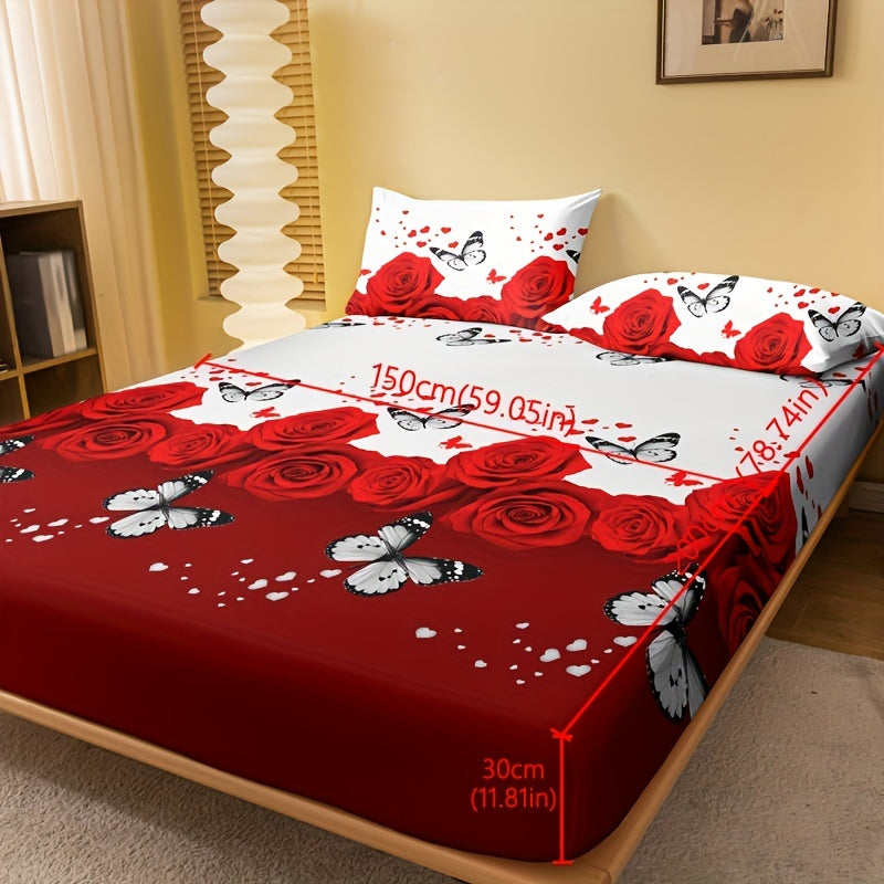 1pc Brushed Fitted Sheet (Without Pillowcase), Soft Comfortable Butterfly Red Rose Print Bedding Mattress Protector, For Bedroom, Guest Room, With Deep Pocket, Fitted Bed Sheet Only