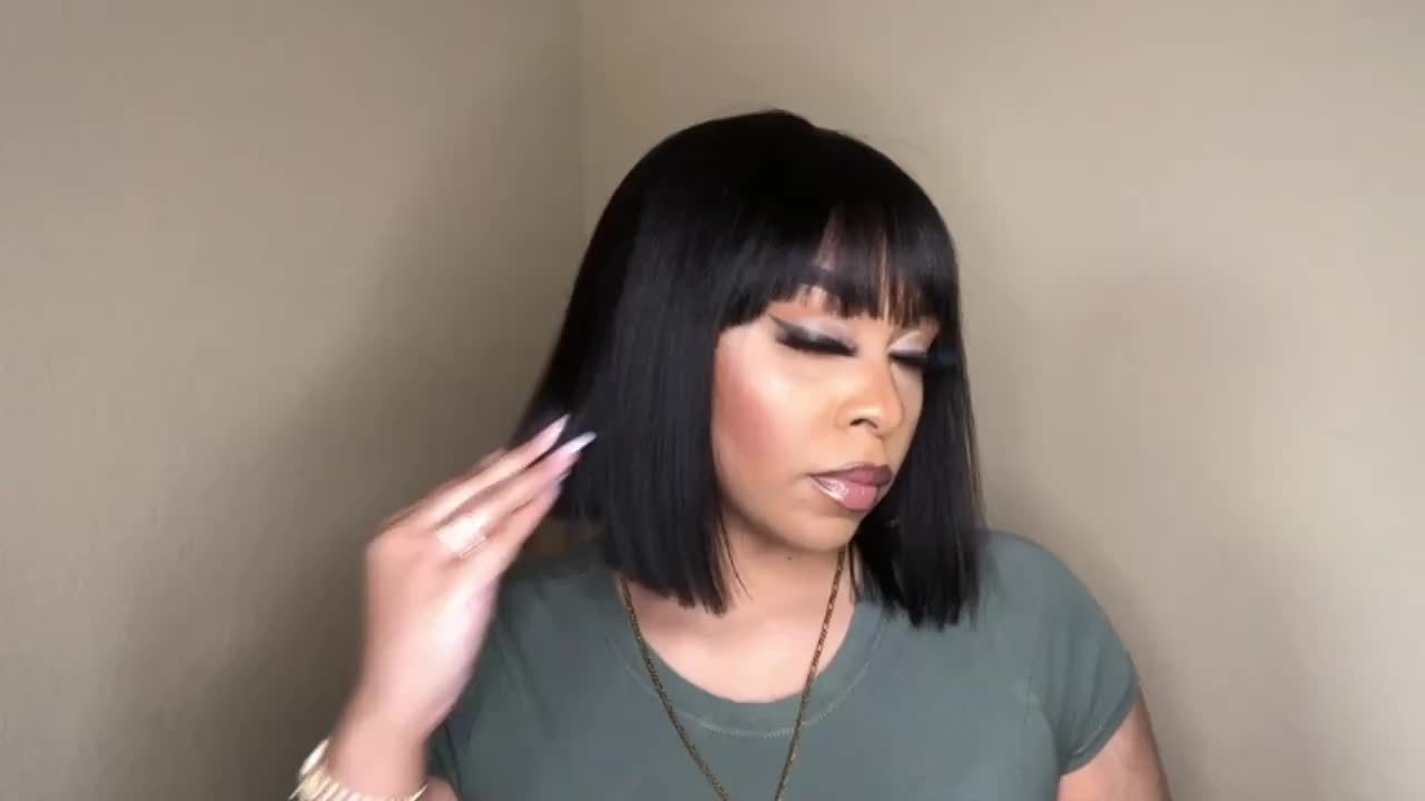 Women's Glueless Bob Wig with Bangs - Natural Black Human Hair, 150% Density (2x1 Ratio), Brazilian Hair, No Glue Needed, Adjustable Bangs & Pre-Plucked Front with Baby Hair, Everyday & Special Occasion Hairstyle - Suitable f