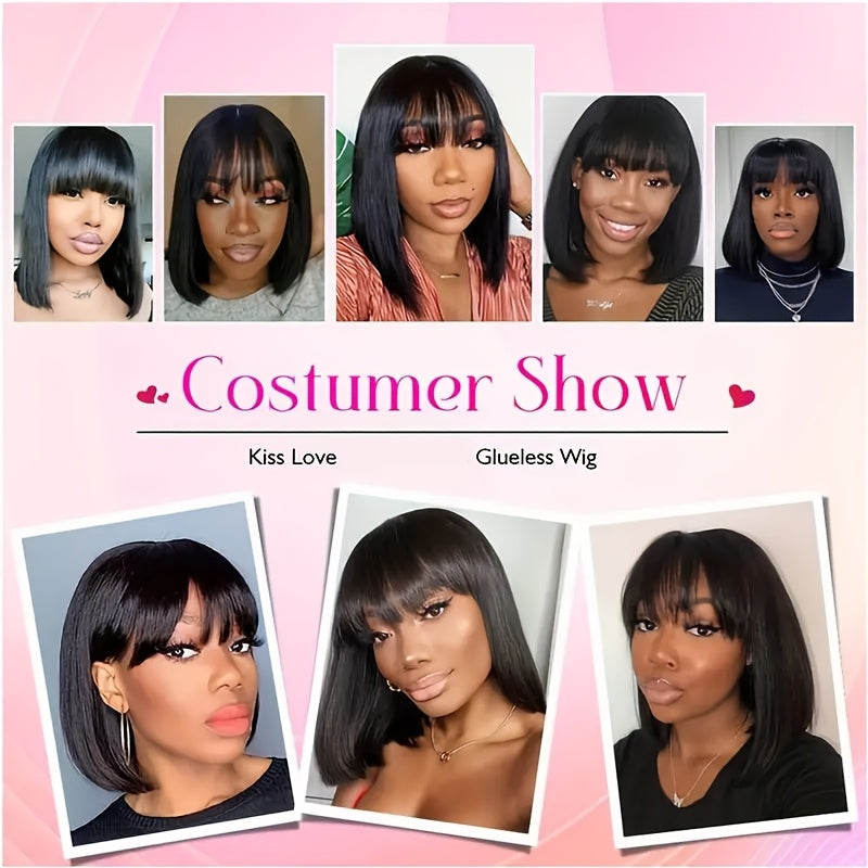 Women's Glueless Bob Wig with Bangs - Natural Black Human Hair, 150% Density (2x1 Ratio), Brazilian Hair, No Glue Needed, Adjustable Bangs & Pre-Plucked Front with Baby Hair, Everyday & Special Occasion Hairstyle - Suitable f