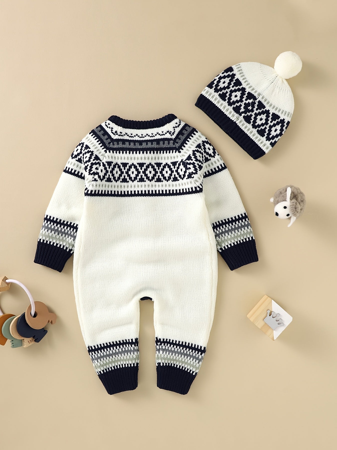 Newborn Infant Geometric Pattern Sweater Romper Long Sleeve Button Jumpsuit & Hat For Toddler Baby Boys And Girls, Suitable For Indoor And Outdoor Wear