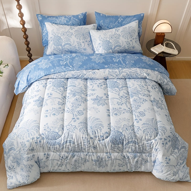 7pcs Blue Flower Plant Design Two-sidedlarge Sizeextra Large Quilt Set (1 Quilt +1 Bed Cap +1 Bed Sheet +4 Pillowcase Without Pillow Core), Contains Padding 180gsm Quilting Soft Ventilate The Four Seasons Apply Bedroom Dormit