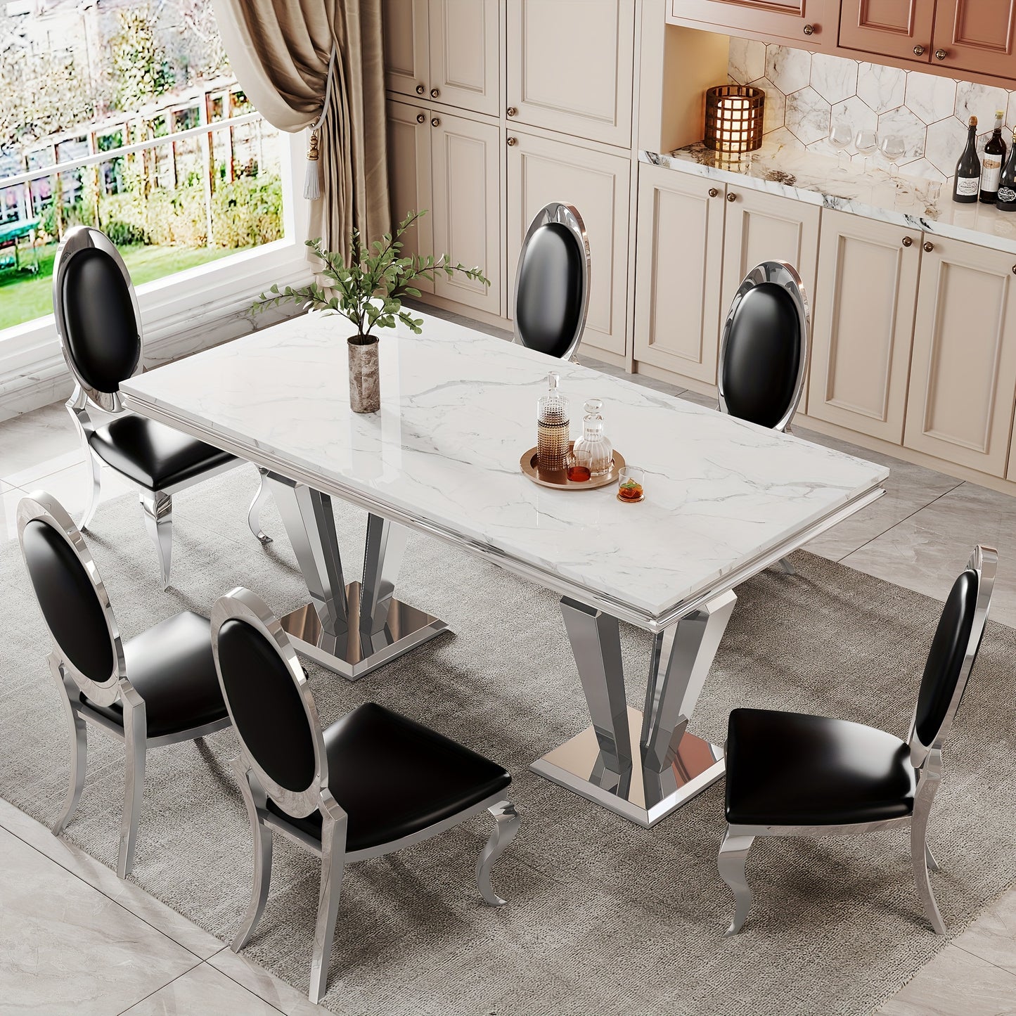 7-piece Luxury Dining Table And Chair Set. One 70-inch Cultured Marble Table With 6 Leather Chairs | Perfect For Kitchens, Home Dining Rooms And Hotel Restaurants