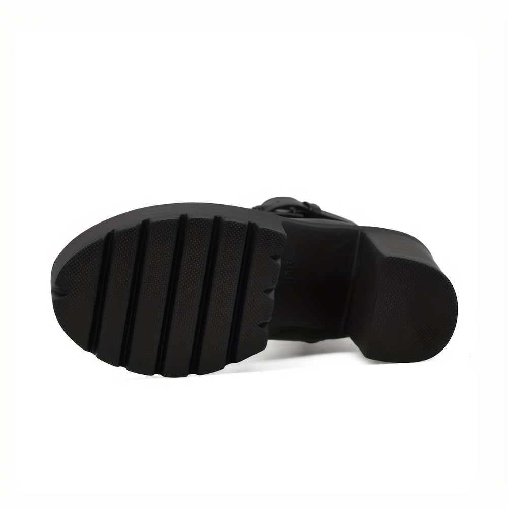 Women's Platform Chunky High Heel Ankle Boots, Black Buckle Strap Lace Up Side Zipper Motorcycle Boots, Punk Style Shoes