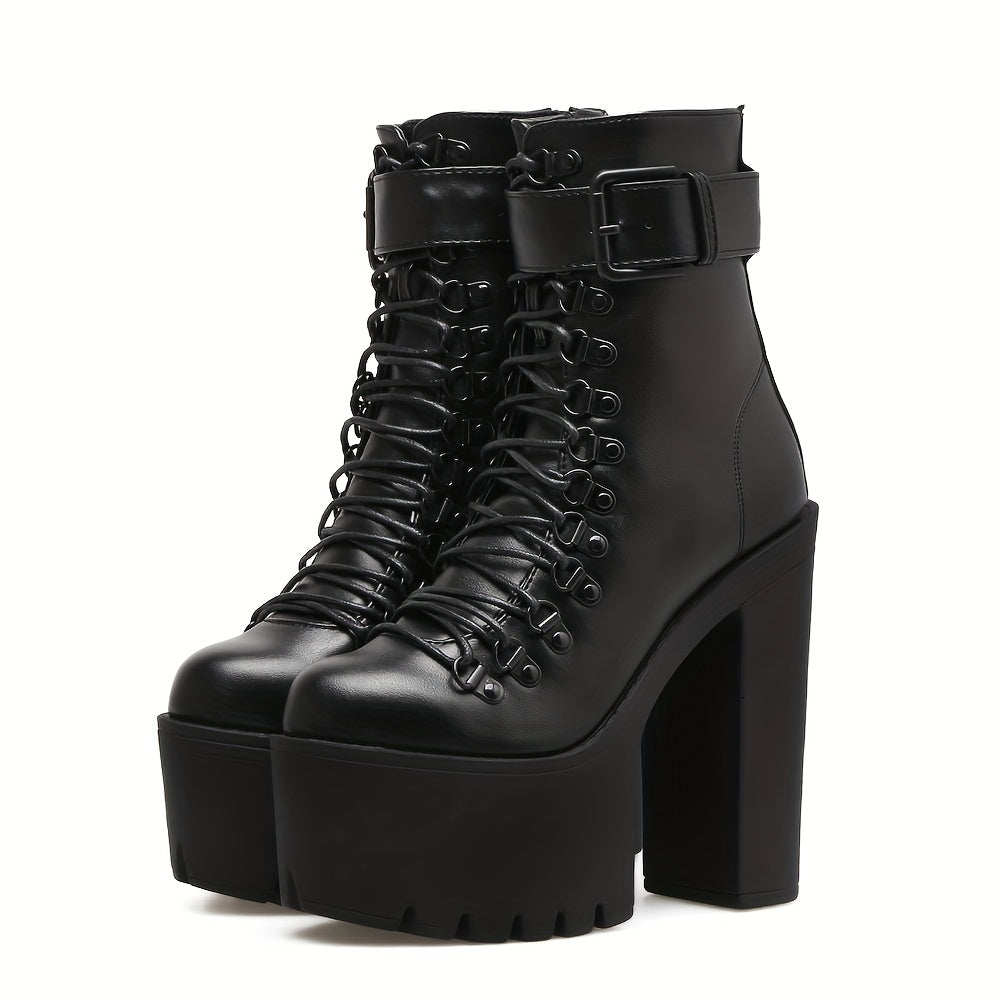 Women's Platform Chunky High Heel Ankle Boots, Black Buckle Strap Lace Up Side Zipper Motorcycle Boots, Punk Style Shoes