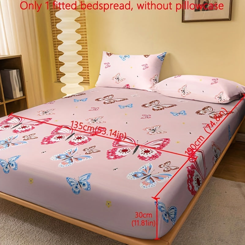 1pc Brushed Fitted Sheet, Soft Comfortable Butterfly Floral Print Bedding Fitted Sheet, For Bedroom, Guest Room, With Deep Pocket, Fitted Bed Sheet Only, Without Pillowcase
