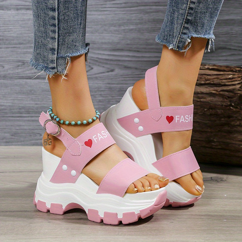 Casual Elegance Open-Toe Wedge Sandals, Solid Color with Strappy Back & Metal Buckle, Comfortable Platform Heel Fashion Footwear for Women