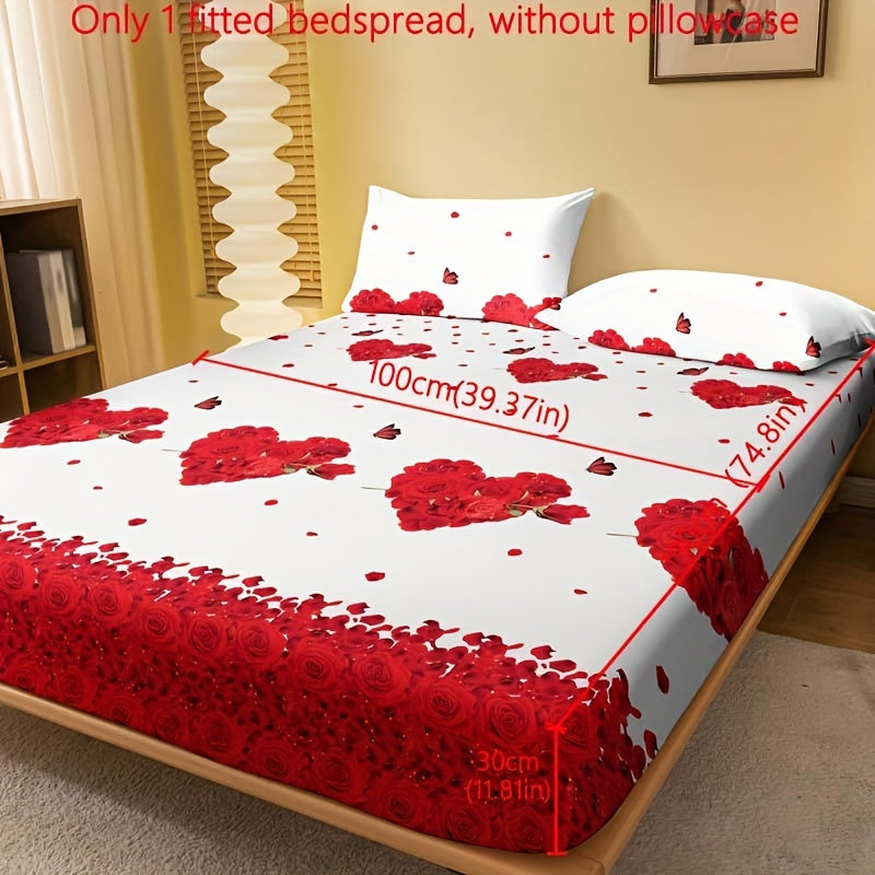 1pc Brushed Fitted Sheet (Without Pillowcase), Soft Comfortable Butterfly Red Rose Print Bedding Mattress Protector, For Bedroom, Guest Room, With Deep Pocket, Fitted Bed Sheet Only