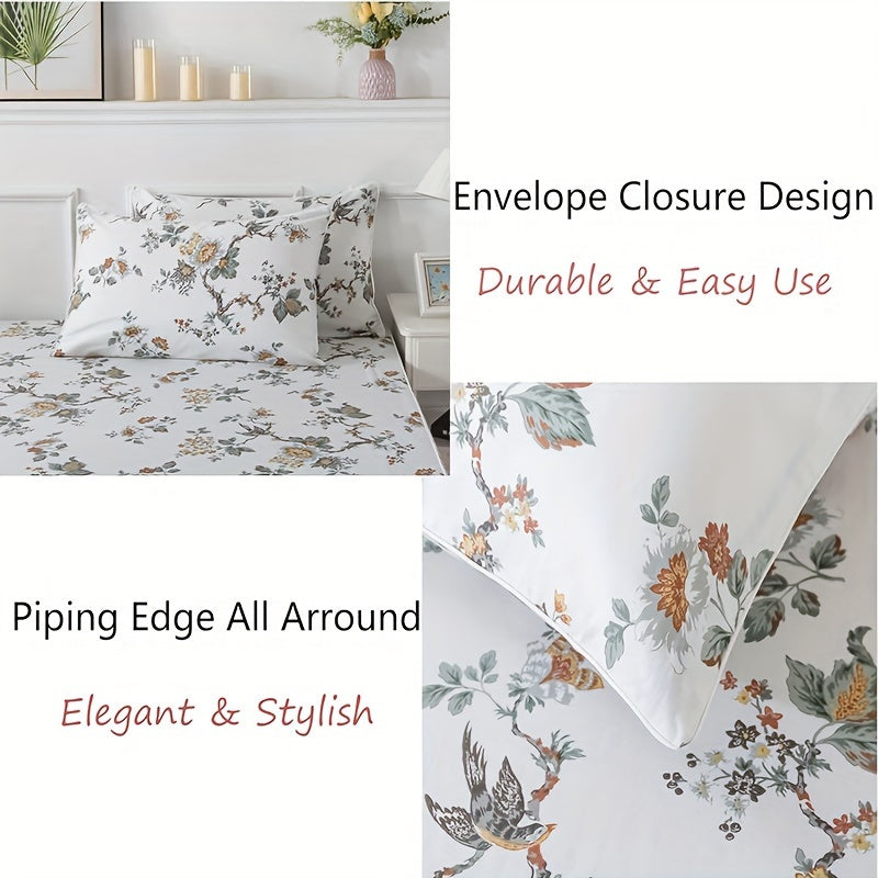 4Pcs Sheets Set Elegant Floral Bedding Shabby Beige Bird Print Flower Bed Sheet Set Vintage Farmhouse Bedding 100% Cotton Ultra Soft Girls Bedding with Deep Pocket Fitted Sheet