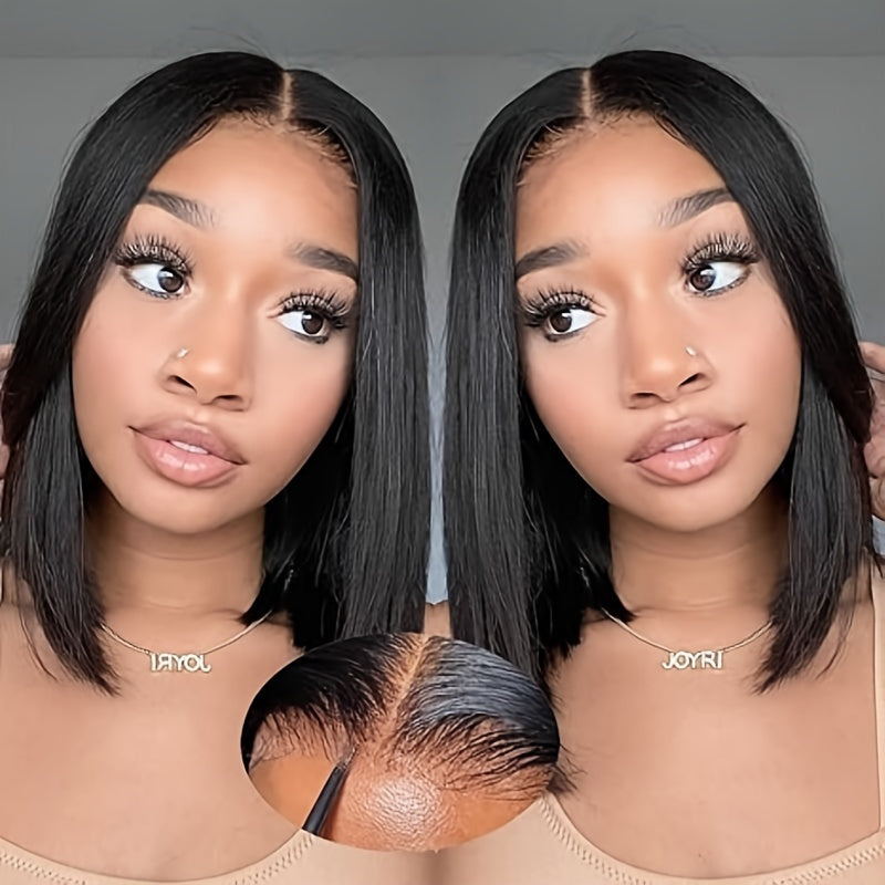 Gift for Girlfriend mother Handwoven Bob wig 5x1 HD Clear front lace wig Human Hair Pre-pulled Human Hair No Glue wig Human Hair 180% density Straight lace wig Ladies natural color