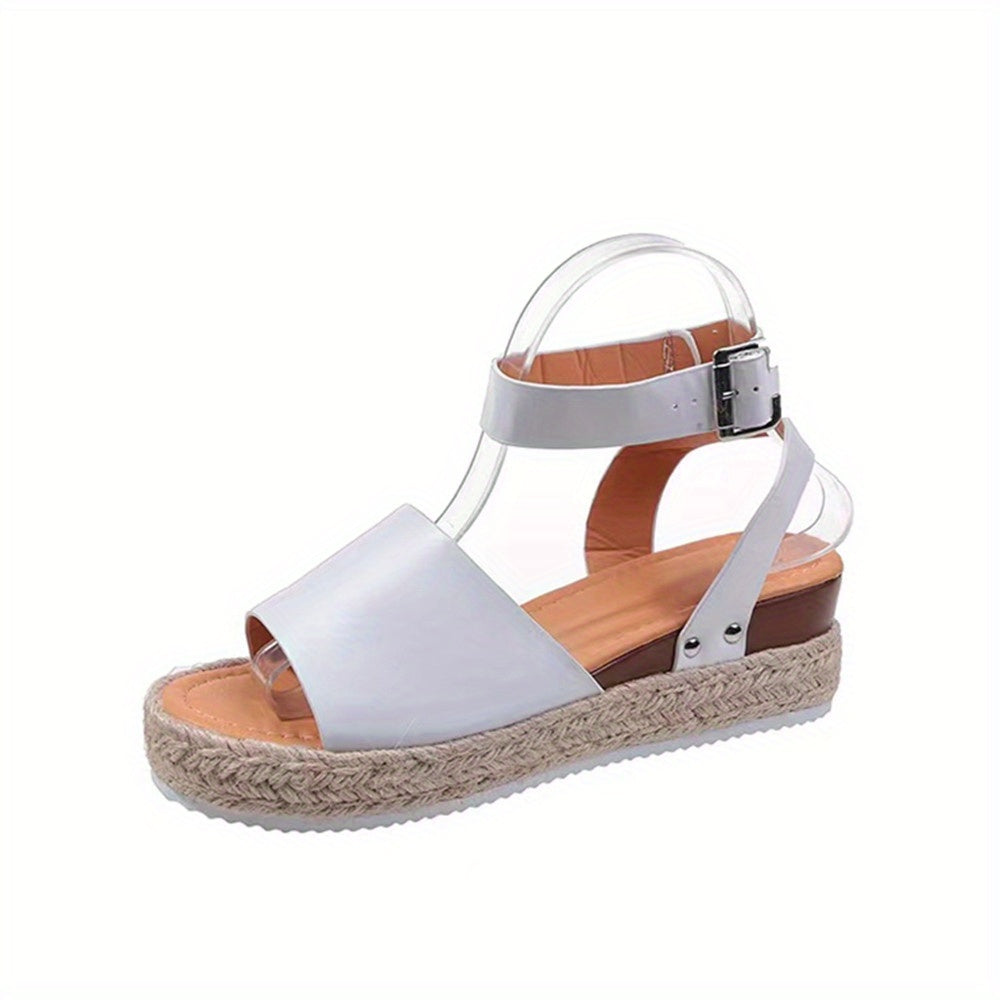 Mid Heel Platform Espadrille Sandals - Buckle Ankle Strap, Open Toe, Lightweight, Non Slip, Faux Leather Upper, PU Sole, Comfortable, Casual, Solid Color, Summer Shoes for Women